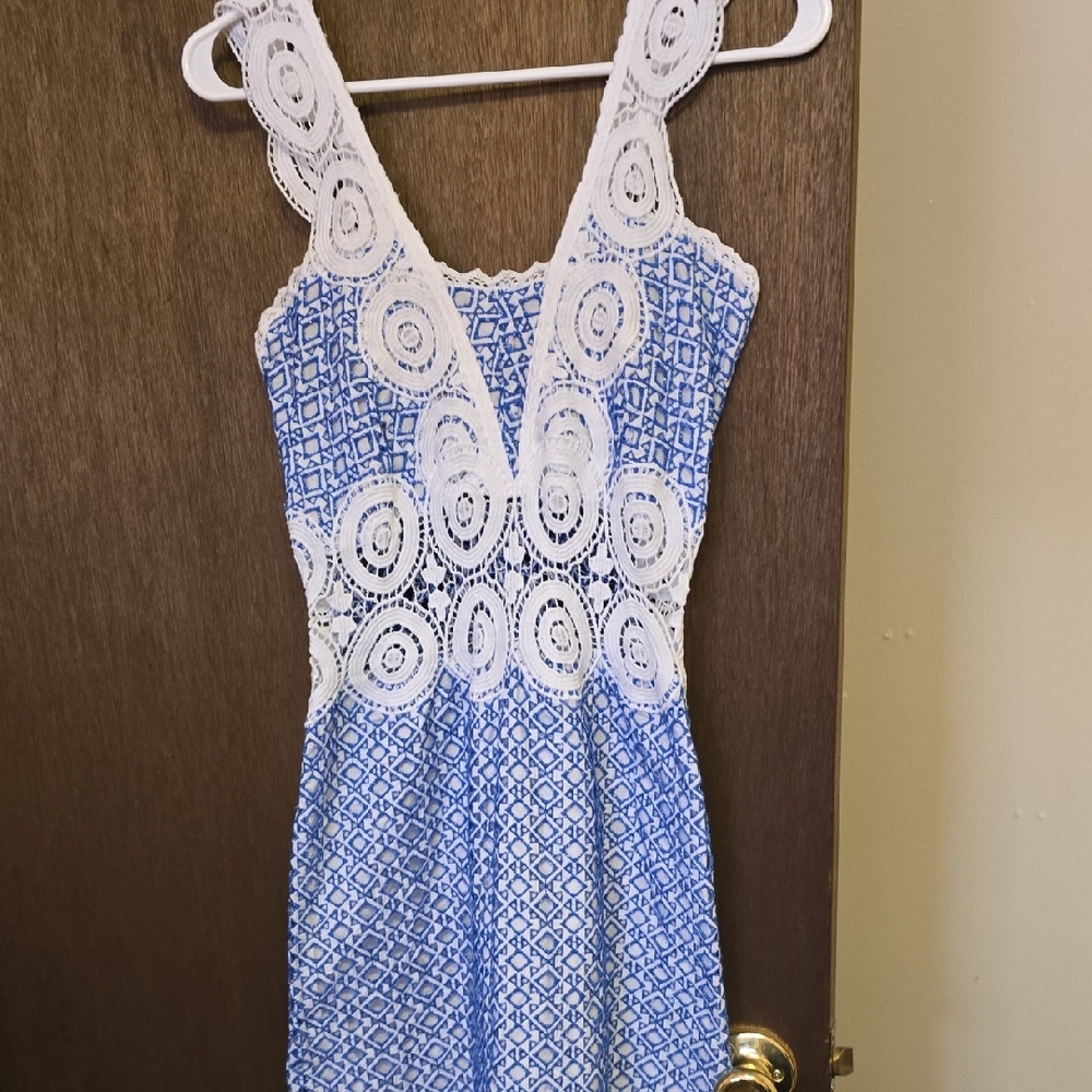 Blue and White Lace Cutout Sundress